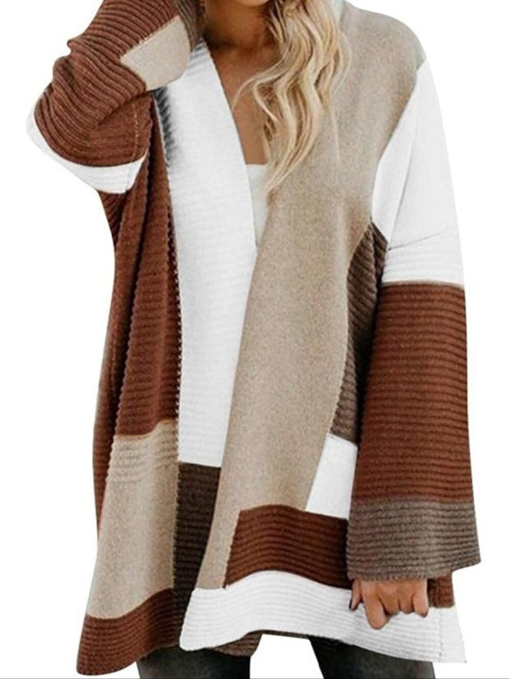Colorblock Ribbed Open Cardigan - Cream, Rust & Taupe - Picture 2 of 2